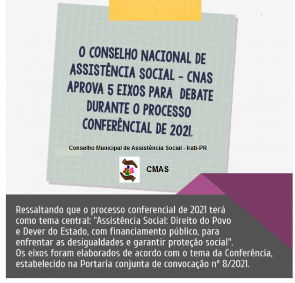 O CONSELHO NACIONAL DE ASSISTÊNCIA SOCIAL – CNAS APROVA 5 EIXOS PARA DEBATE DURANTE O PROCESSO CONFERÊNCIAL DE 2021.